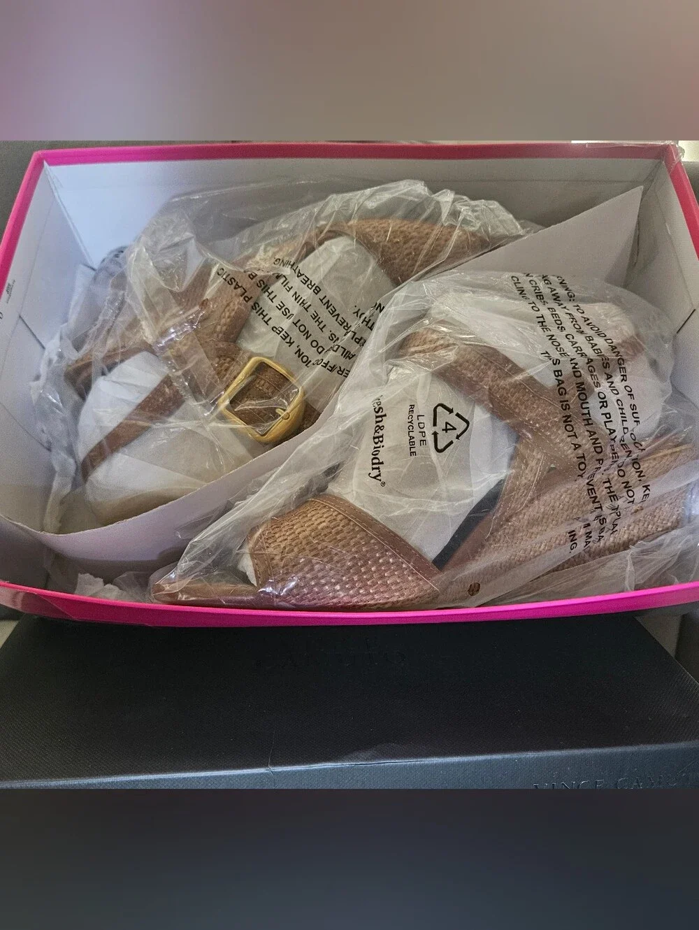 Vince Camuto Helcey Tan Leather/Raffia Slingback Wedge Heel Sandals